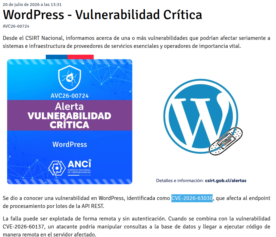 Alerta CSIRT Nacional: vulnerabilidad crítica en WordPress CVE-2026-63030, emisión AVC26-00724 del 20 de julio de 2026